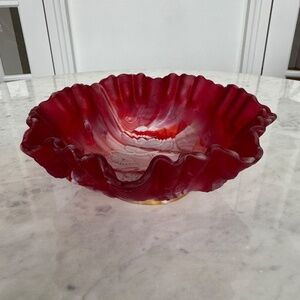 Vintage Red Slag Glass Bowl with Ruffled Rim